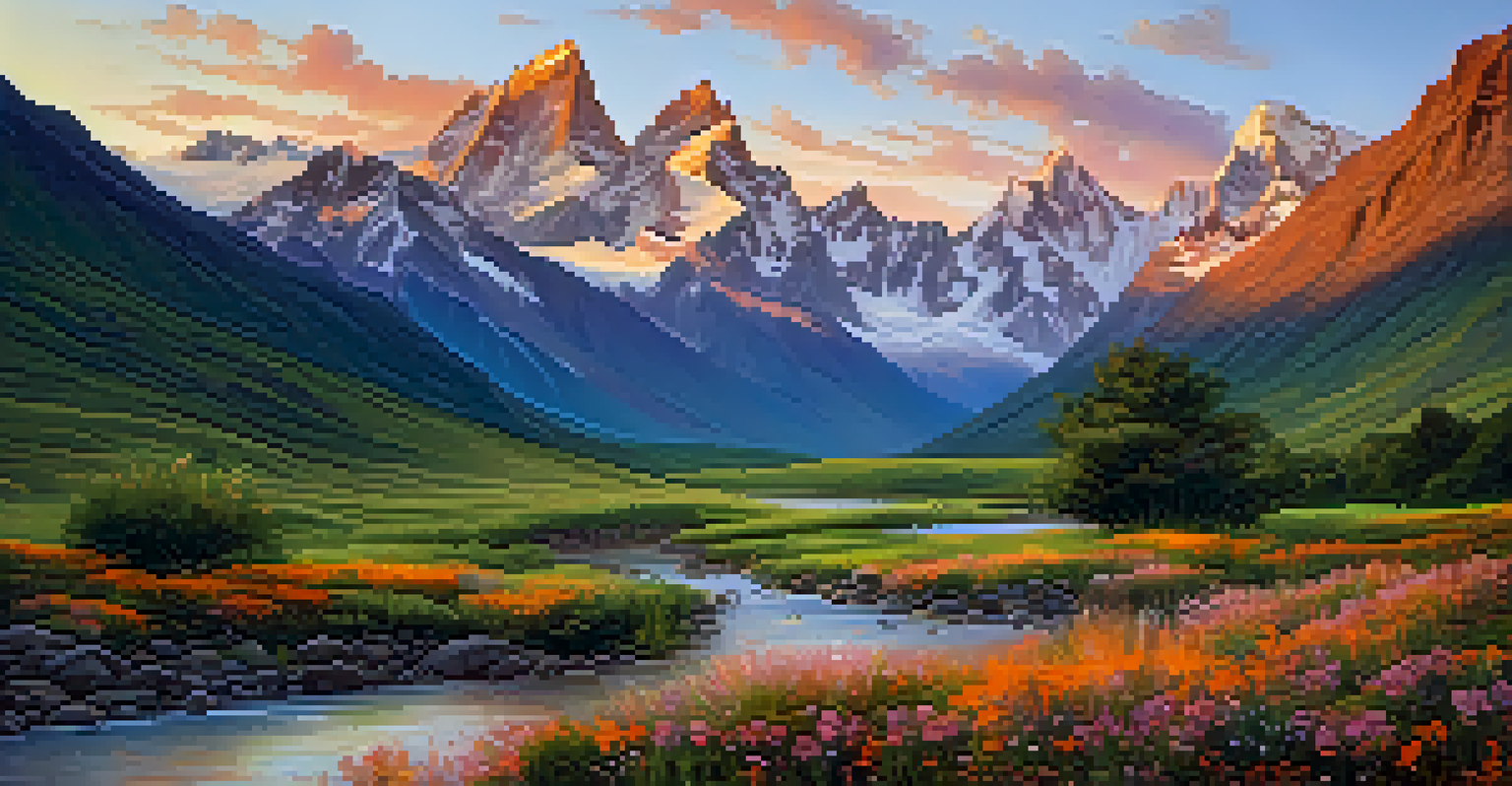 Sunrise over the Andes Mountains with a green meadow and wildflowers in the foreground, reflecting the morning light.