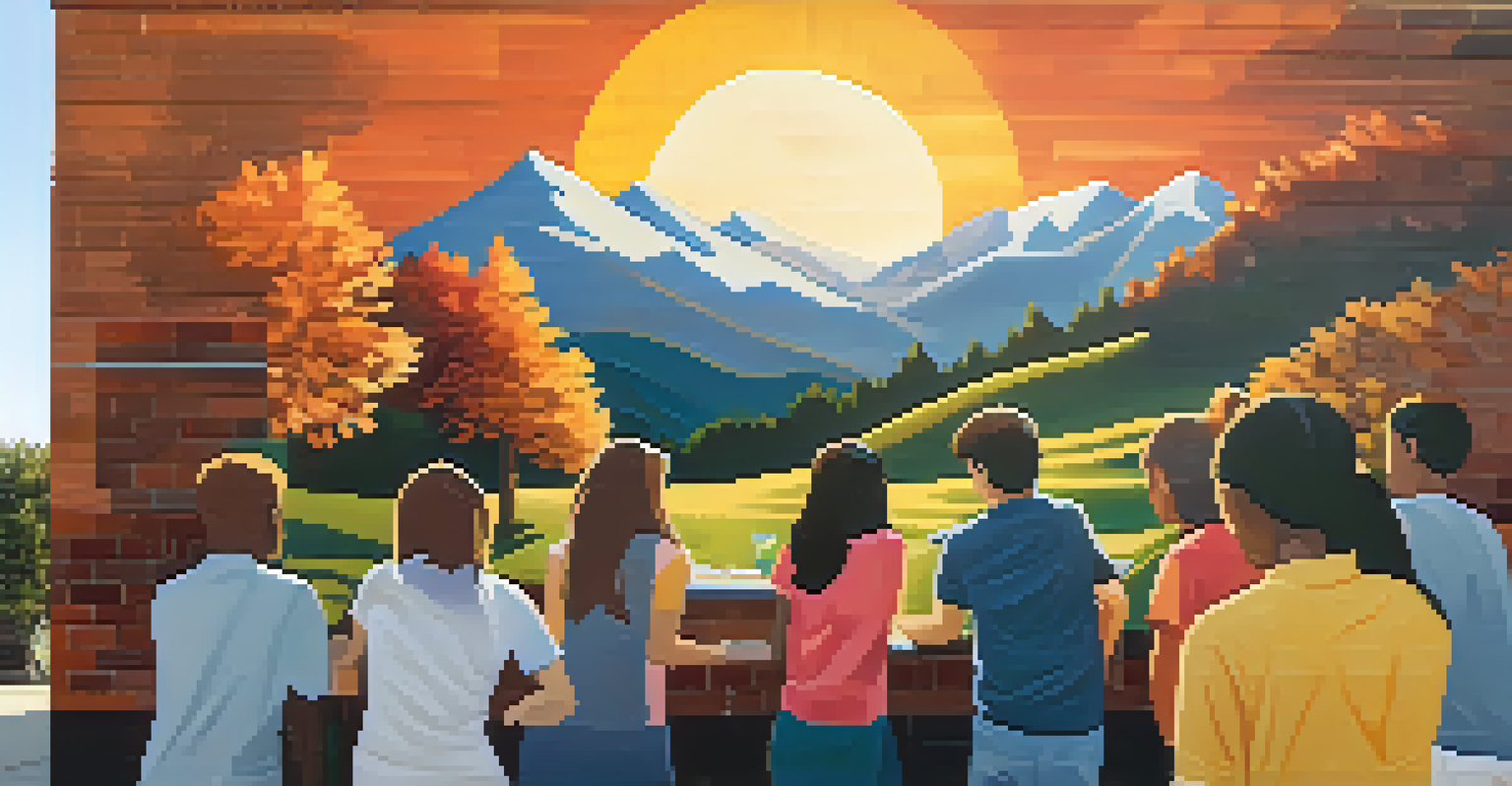 Students collaborating on a large mural outdoors, each contributing their unique artistic styles under a warm sunset.