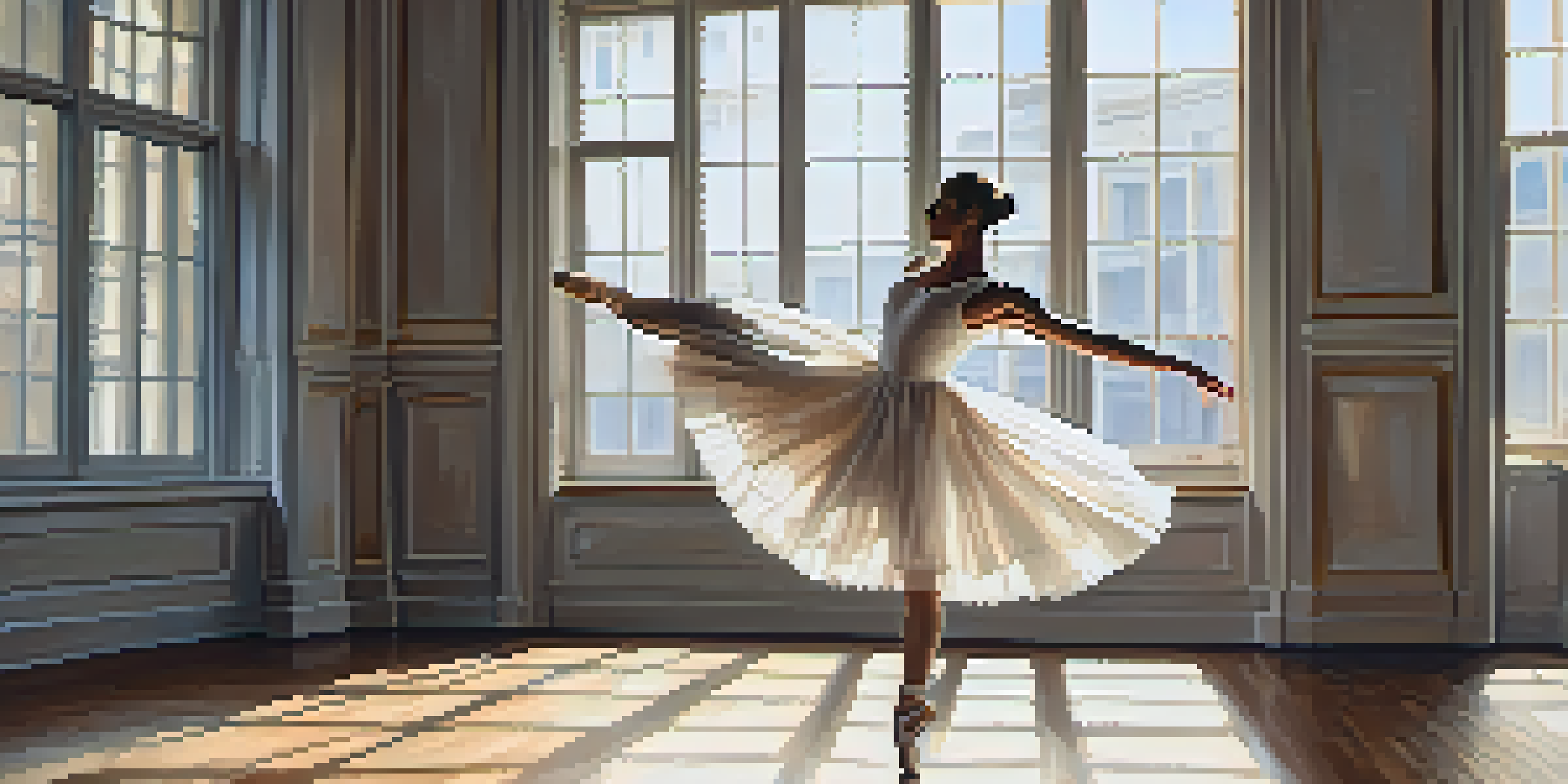 A ballet dancer in a white costume spinning in a sunlit studio with wooden floors and large windows.