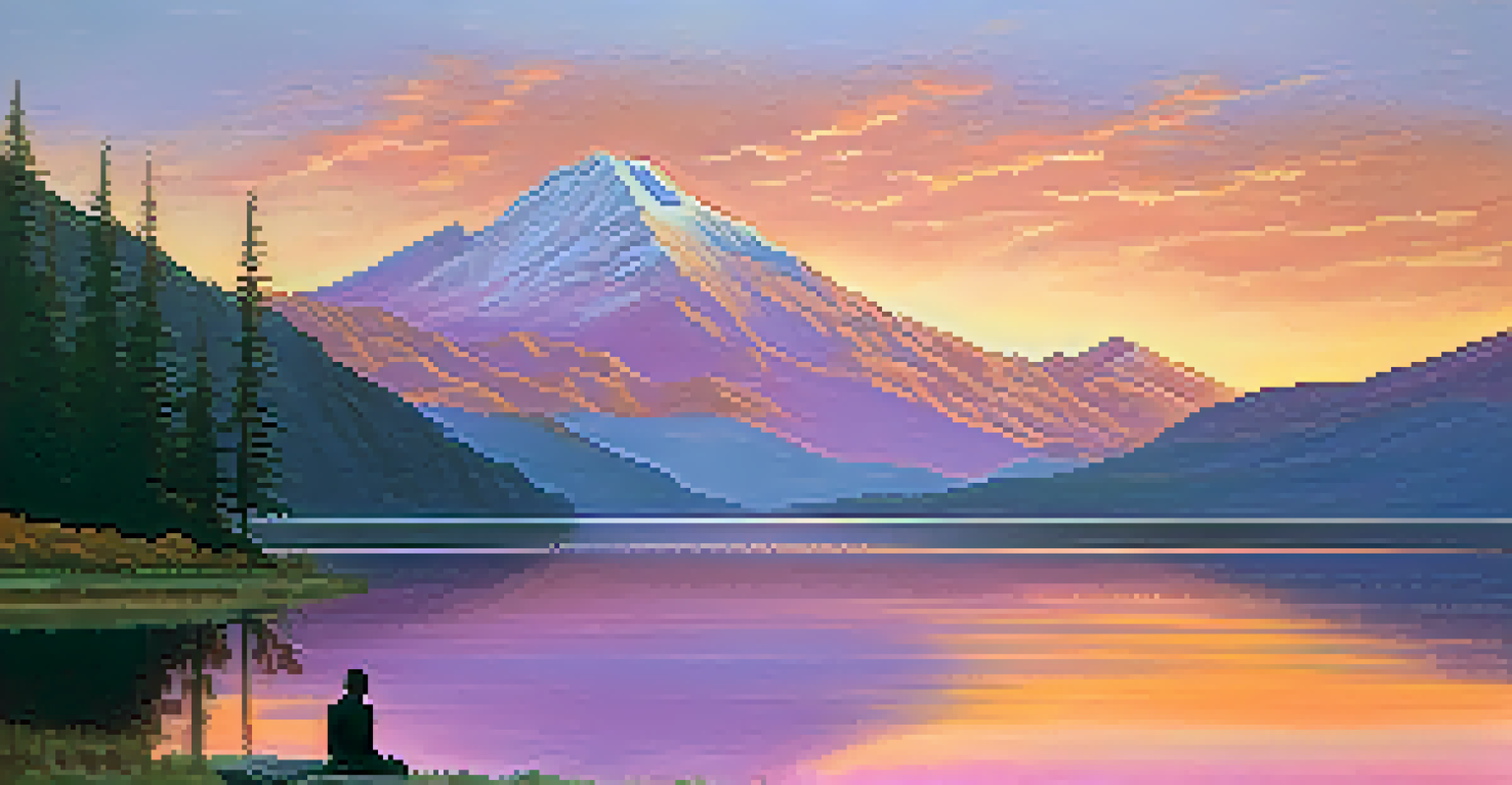 A peaceful sunset over a lake with mountains in the background, featuring a solitary figure sitting by the water's edge.