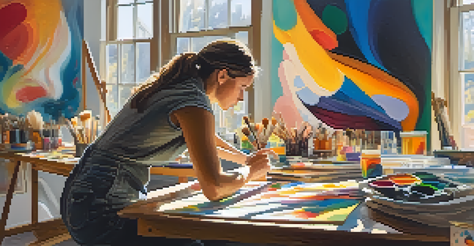 A female artist in a colorful art studio, painting an abstract piece with sunlight streaming through the windows.