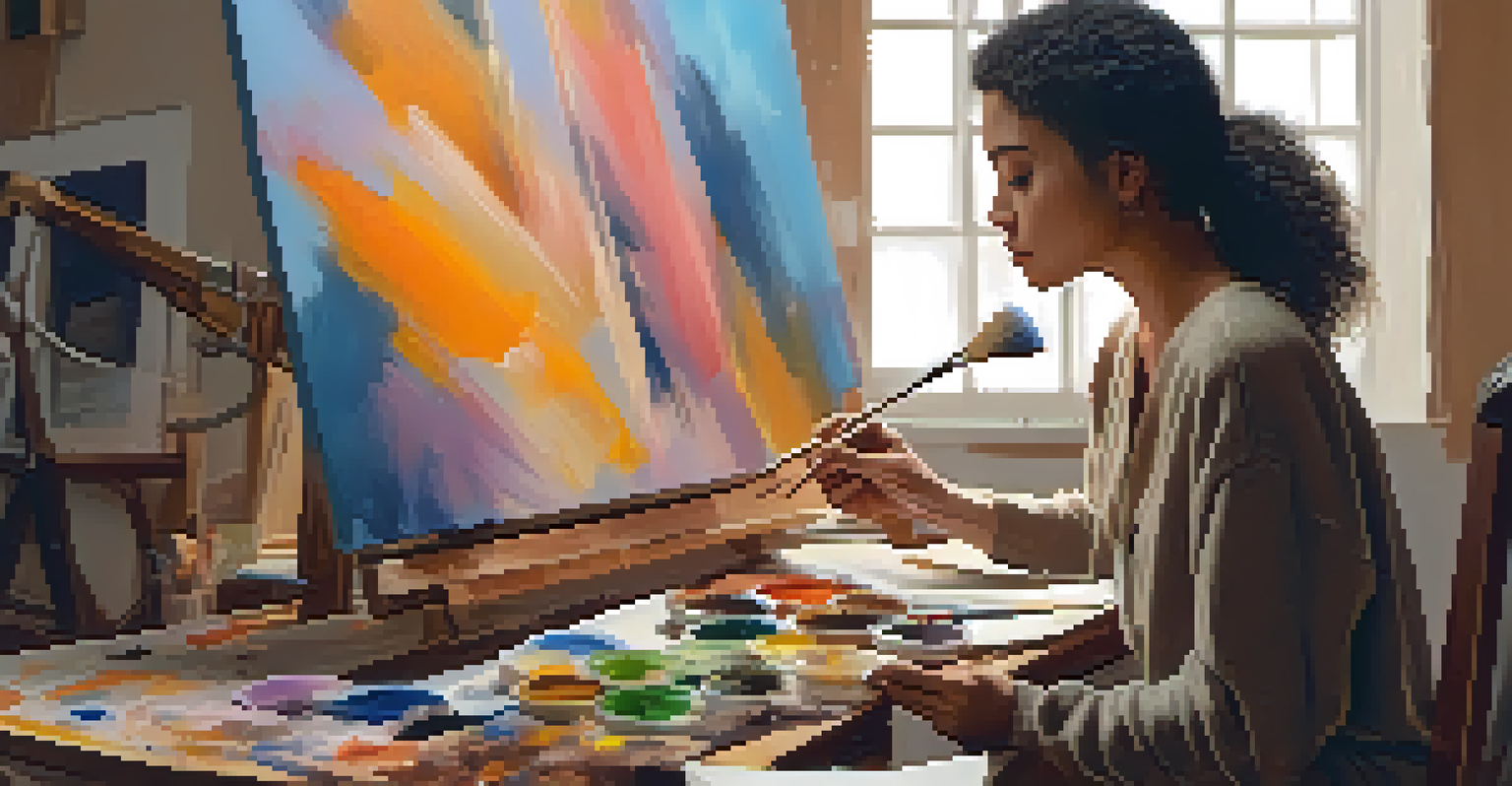 A person concentrating on creating abstract art in a cozy studio, surrounded by warm colors and art supplies.