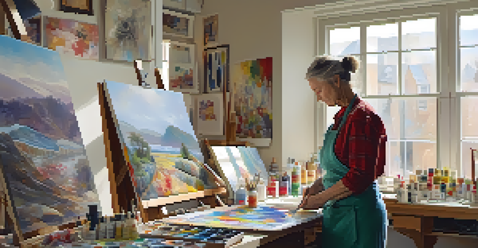 An artist painting in a sunlit studio filled with canvases and art supplies.