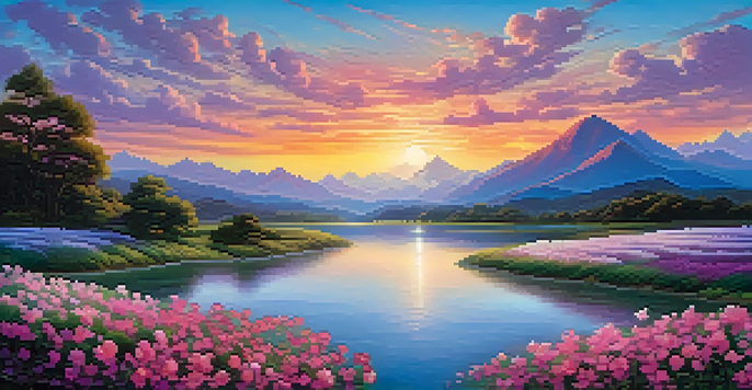 A colorful dreamlike landscape with swirling clouds, oversized flowers, and a gentle river reflecting the sky.
