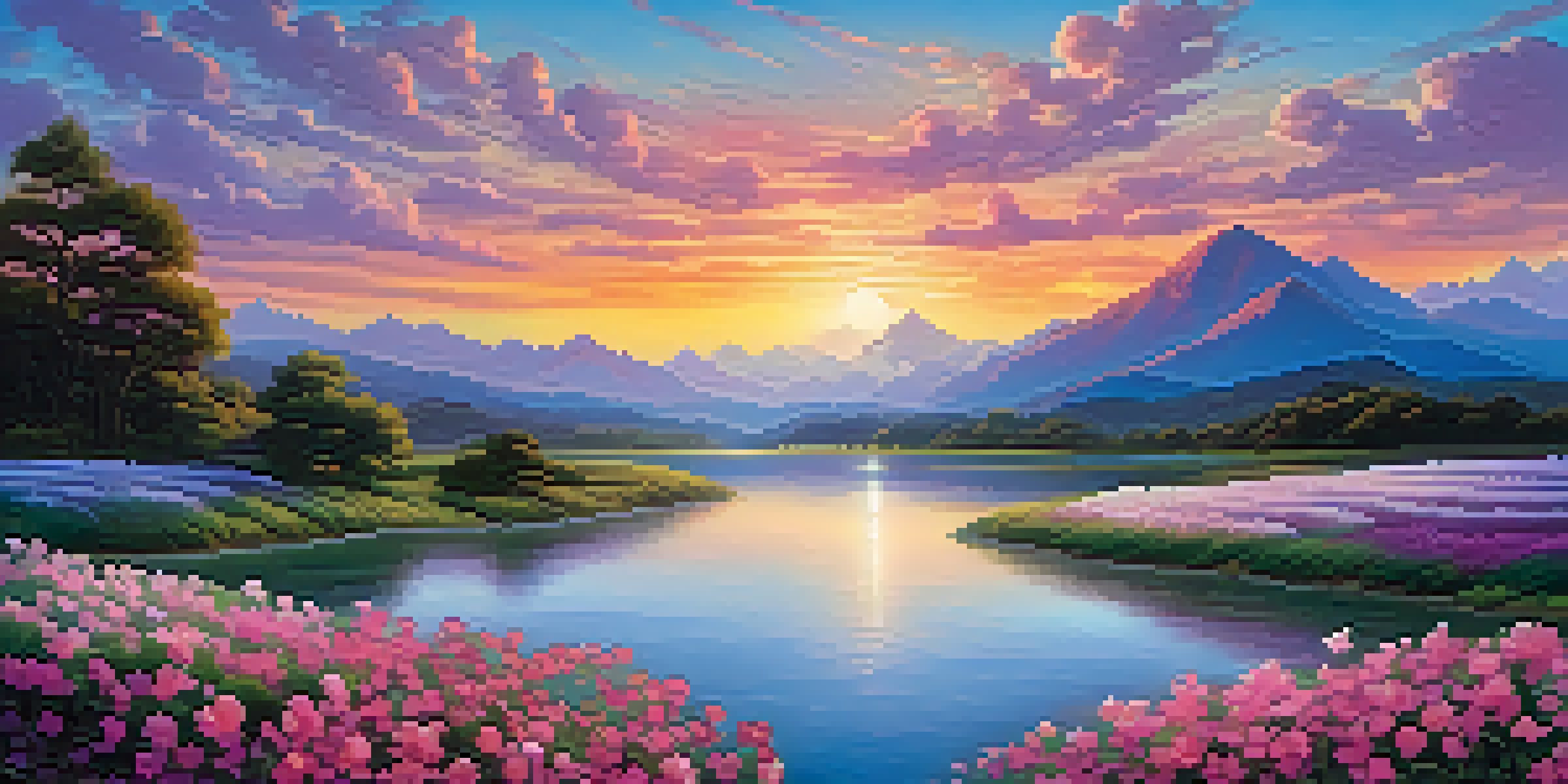 A colorful dreamlike landscape with swirling clouds, oversized flowers, and a gentle river reflecting the sky.