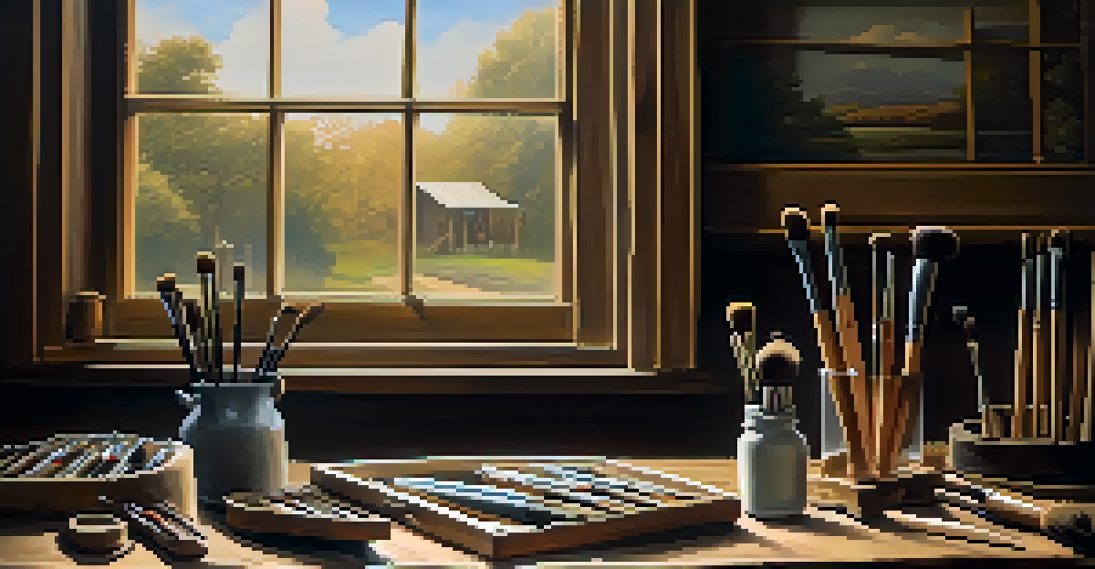 An old painting studio with antique brushes and a landscape painting on a wooden table, illuminated by warm light.