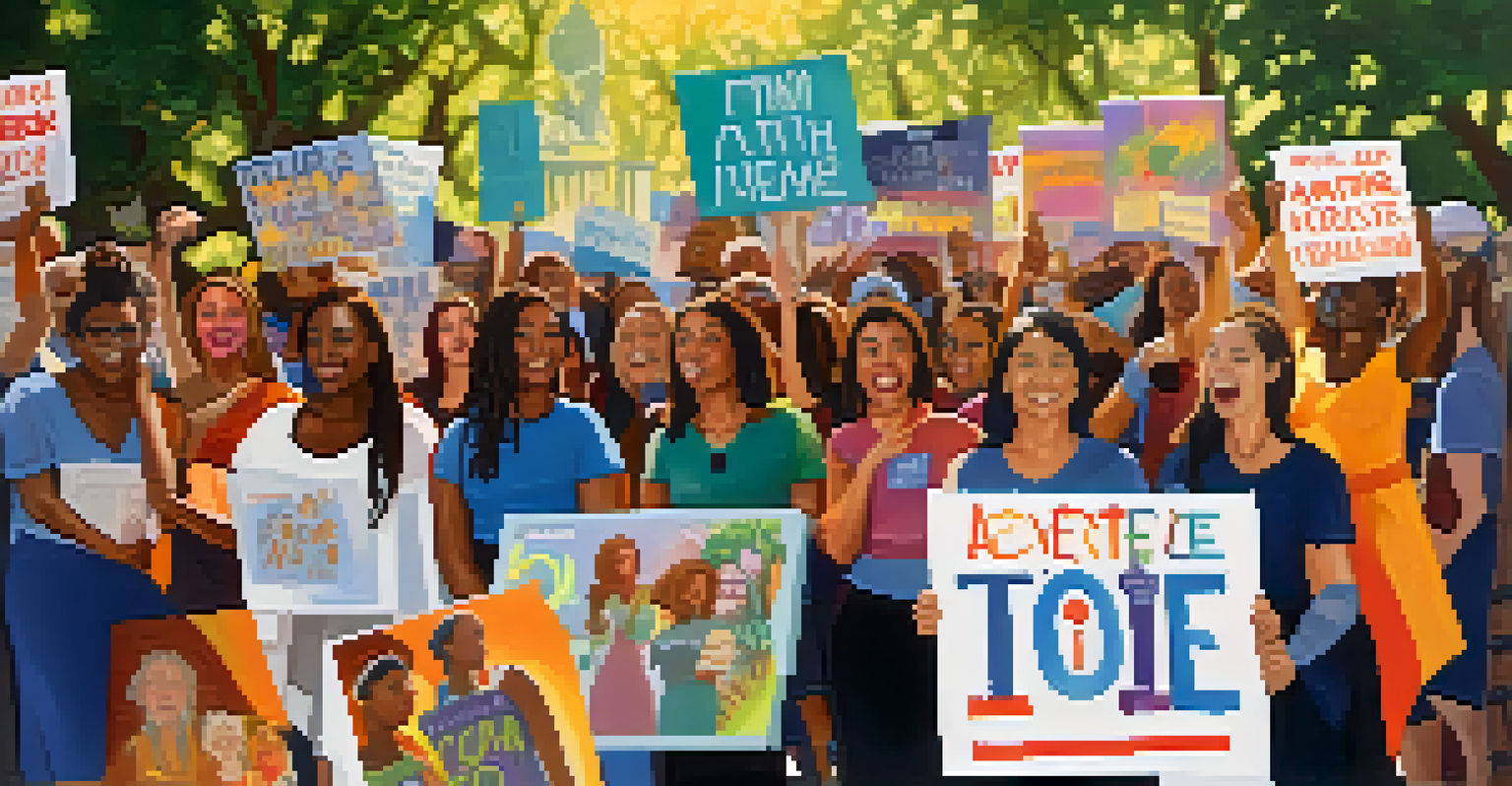 A diverse group of women artists protesting with creative signs, embodying energy and unity for social justice.