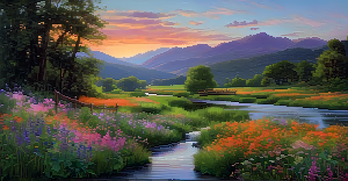 A colorful sunset over a green valley with a calm river, wildflowers in the foreground, and a wooden bridge.