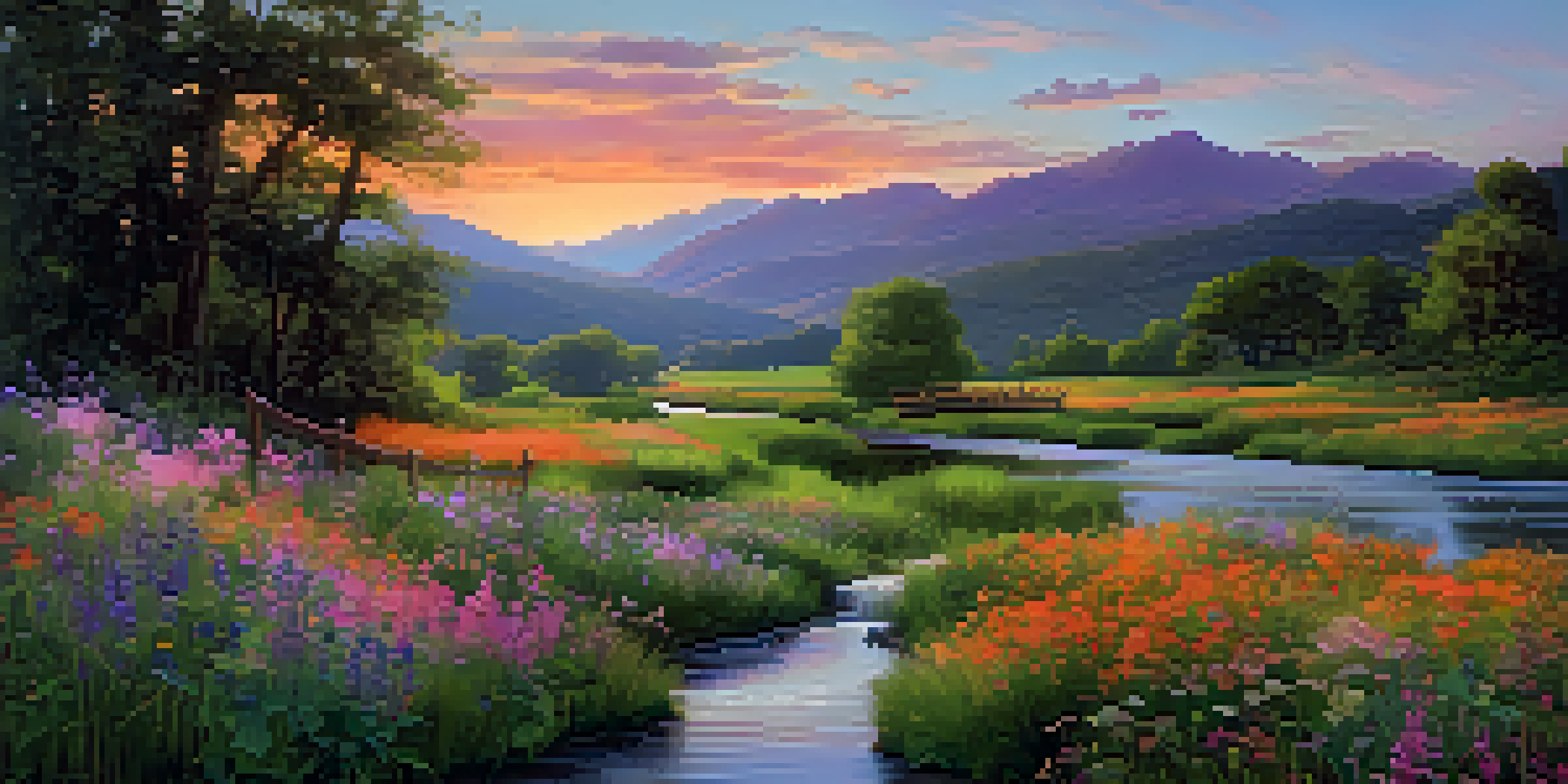 A colorful sunset over a green valley with a calm river, wildflowers in the foreground, and a wooden bridge.