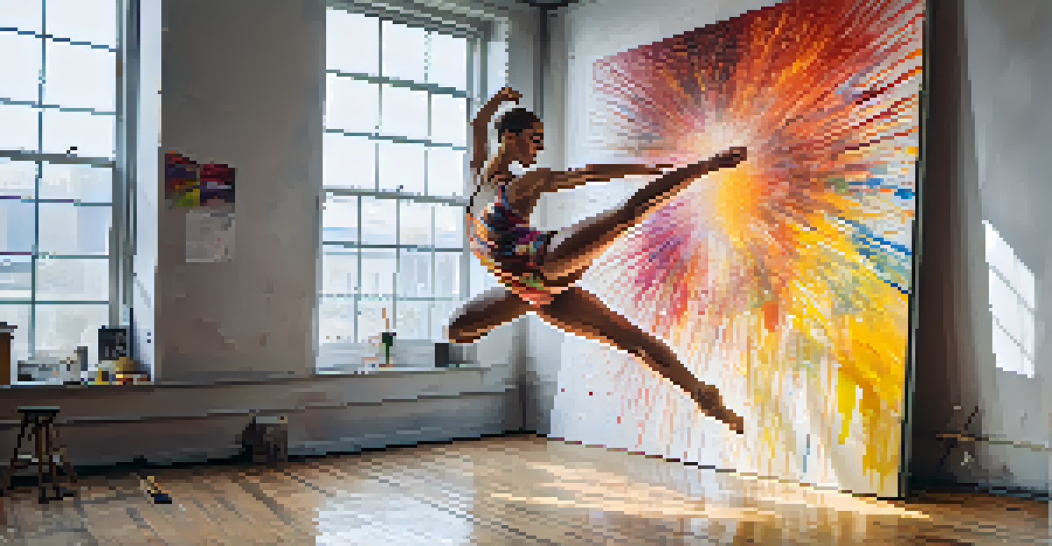 An artist painting a dancer in motion, with colorful splatter and natural light filling the art studio.