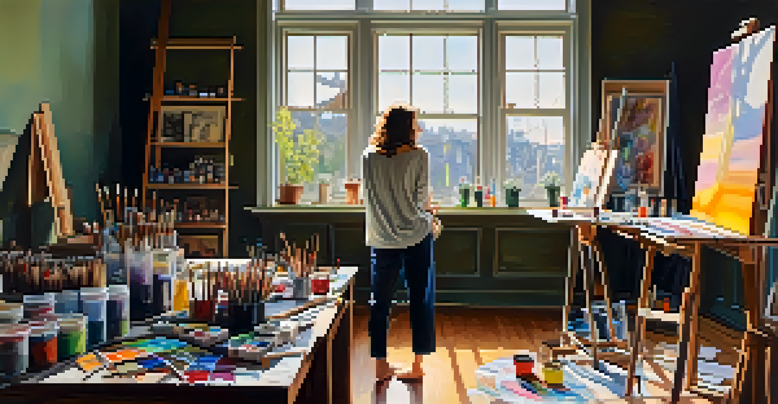 An artist's studio with canvases and a painter at work, reflecting creativity and emotional expression.