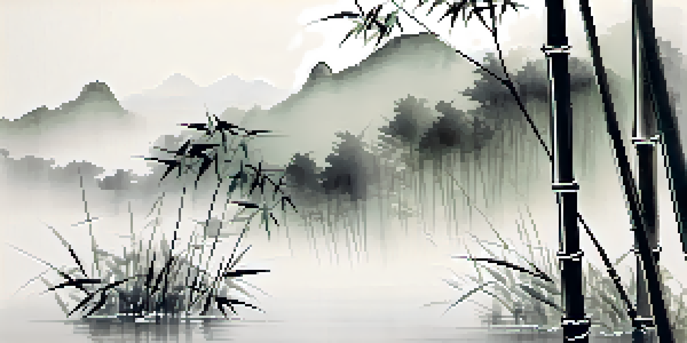 A tranquil Chinese ink wash painting of bamboo stalks with soft grey and green tones on rice paper.