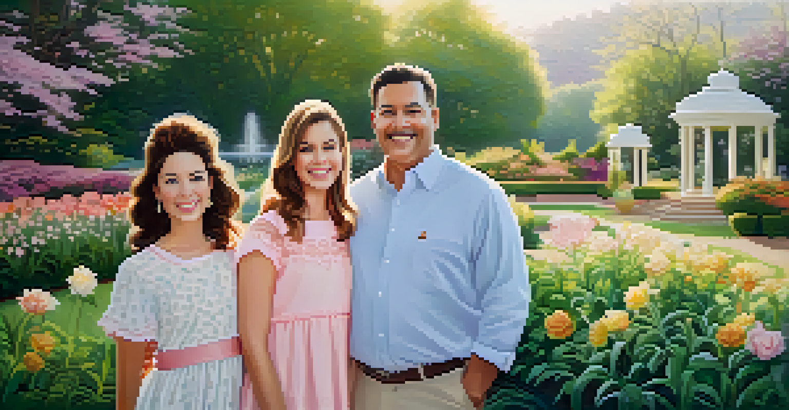 A traditional family portrait in a beautiful garden, featuring a diverse family of four dressed in matching pastel colors, with blooming flowers in the background.
