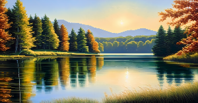 A peaceful landscape with a lake and green forests under a clear sky, reflecting soft sunlight.