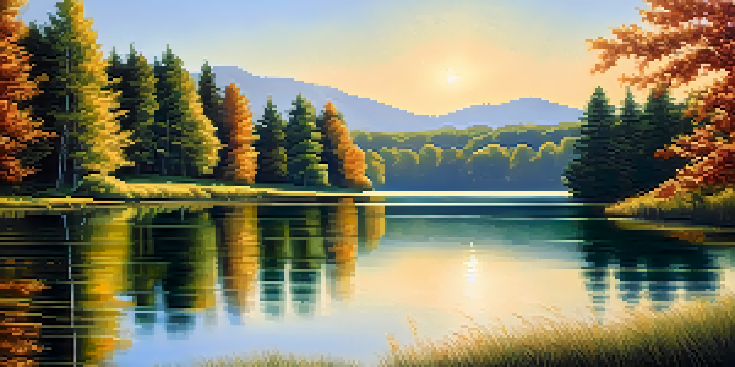 A peaceful landscape with a lake and green forests under a clear sky, reflecting soft sunlight.