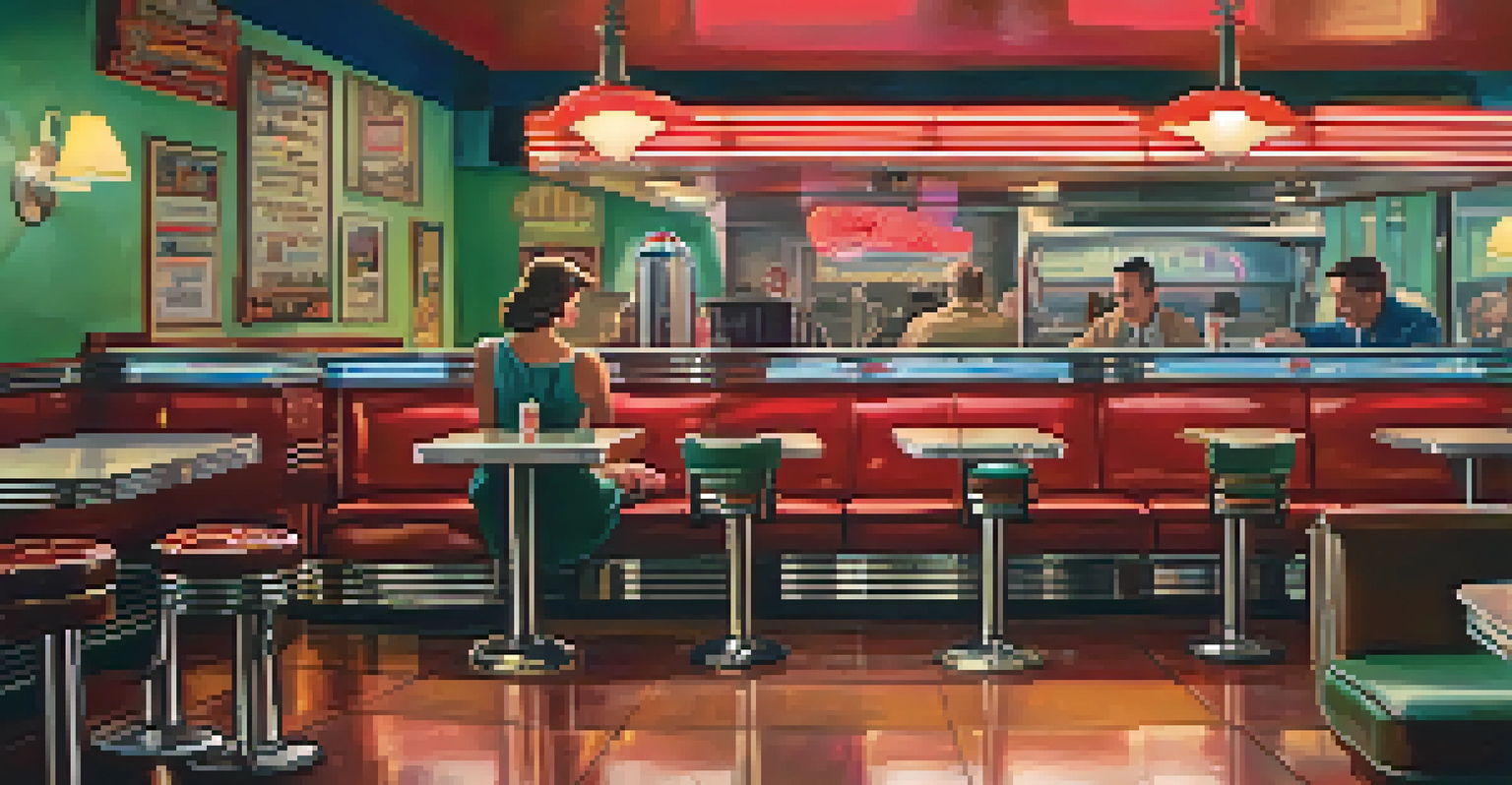 A post-World War II American diner with patrons looking thoughtful, featuring retro decor and a jukebox.