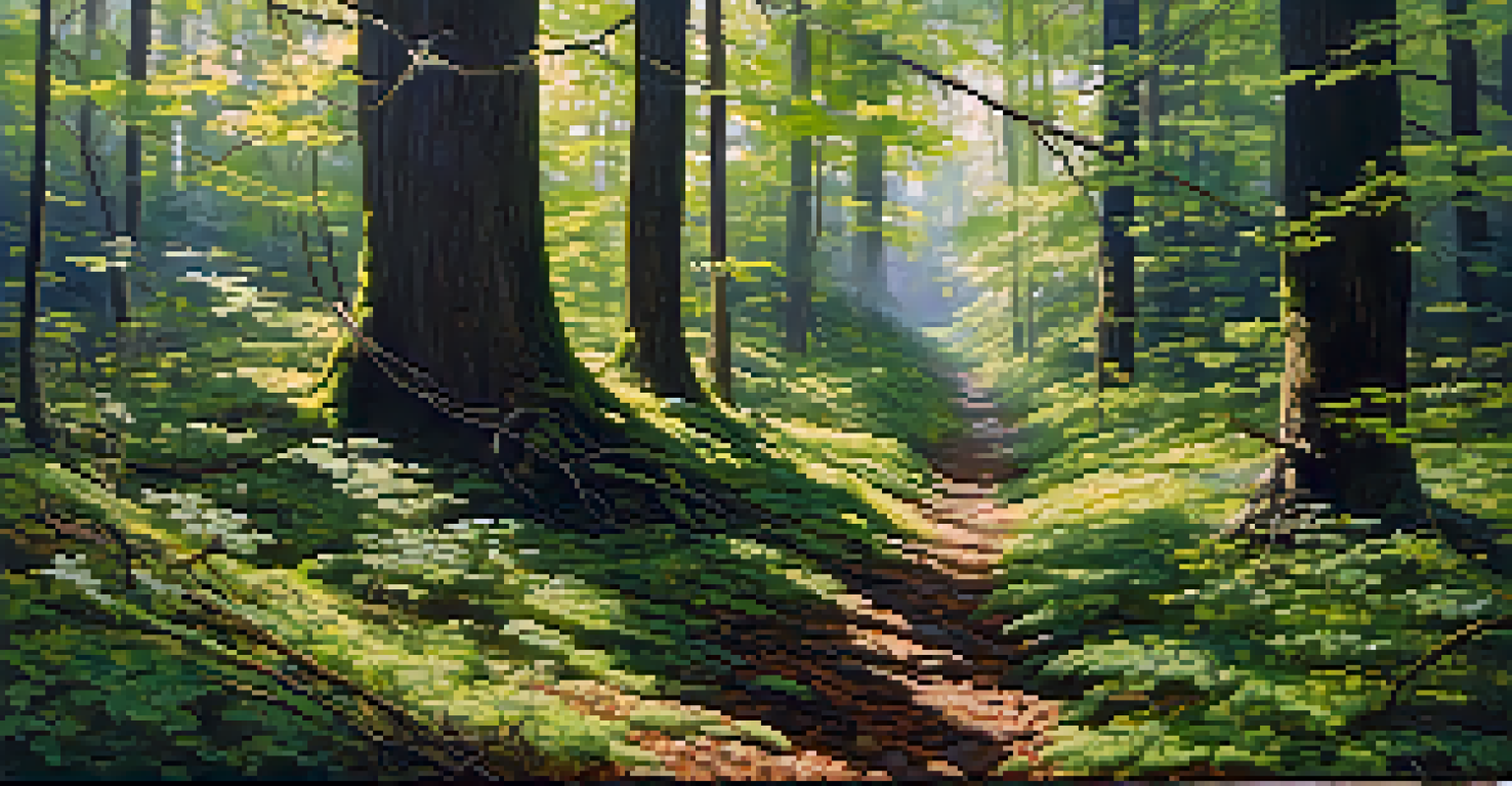 A forest scene at midday with sunlight filtering through leaves, illuminating moss on the ground and colorful wildflowers.