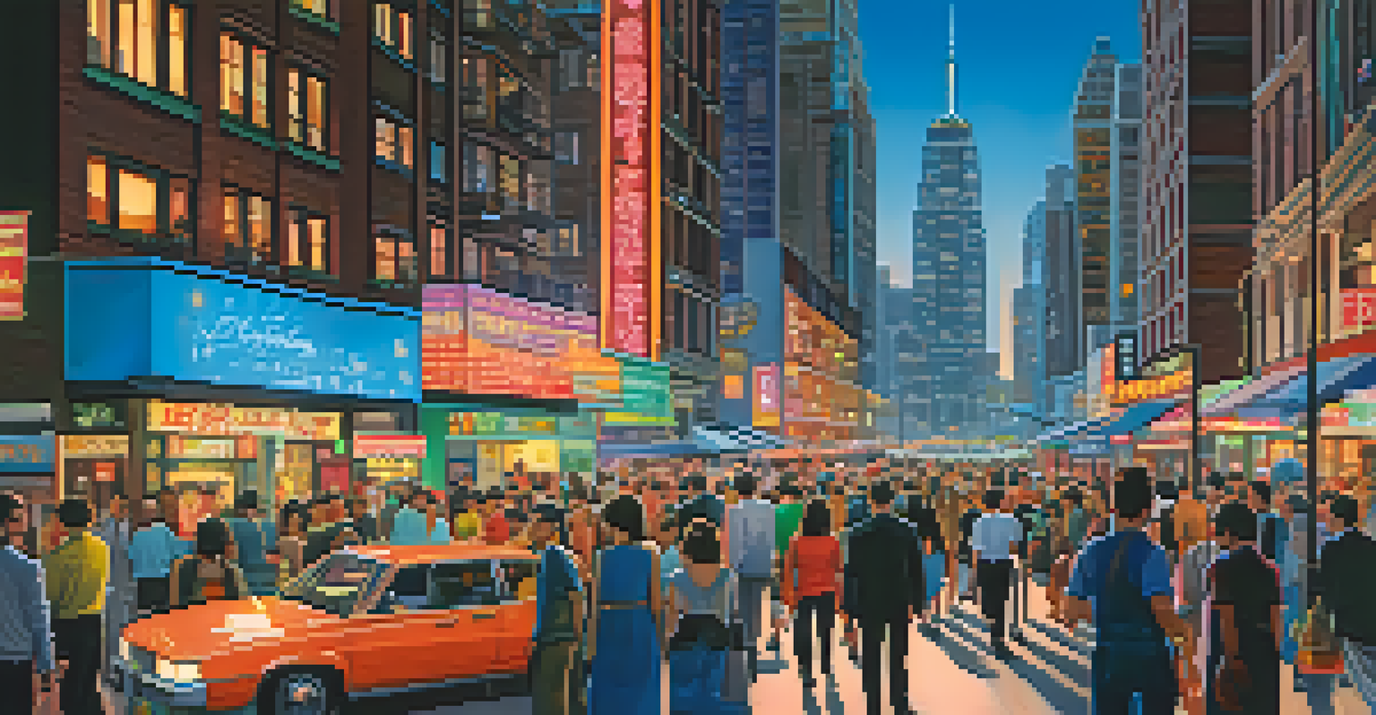 A dynamic urban landscape at twilight with skyscrapers, busy streets, and a park filled with flowers.