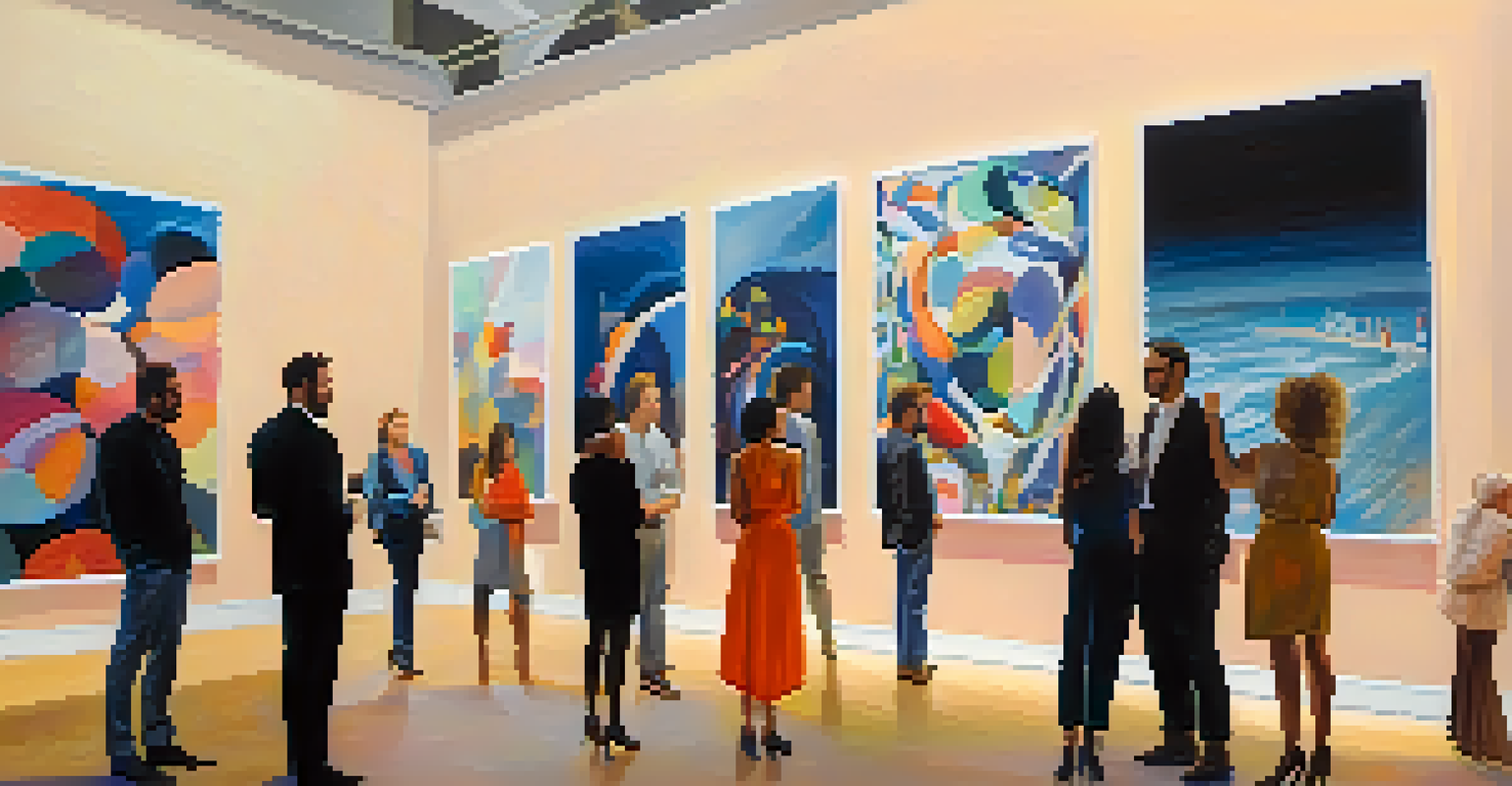 An art exhibition with a large abstract mural and artists celebrating their collaboration.
