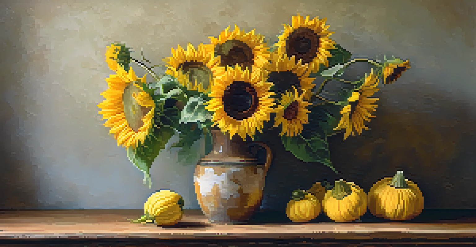 A vintage vase with sunflowers on a rustic table, illuminated by soft light from a window.