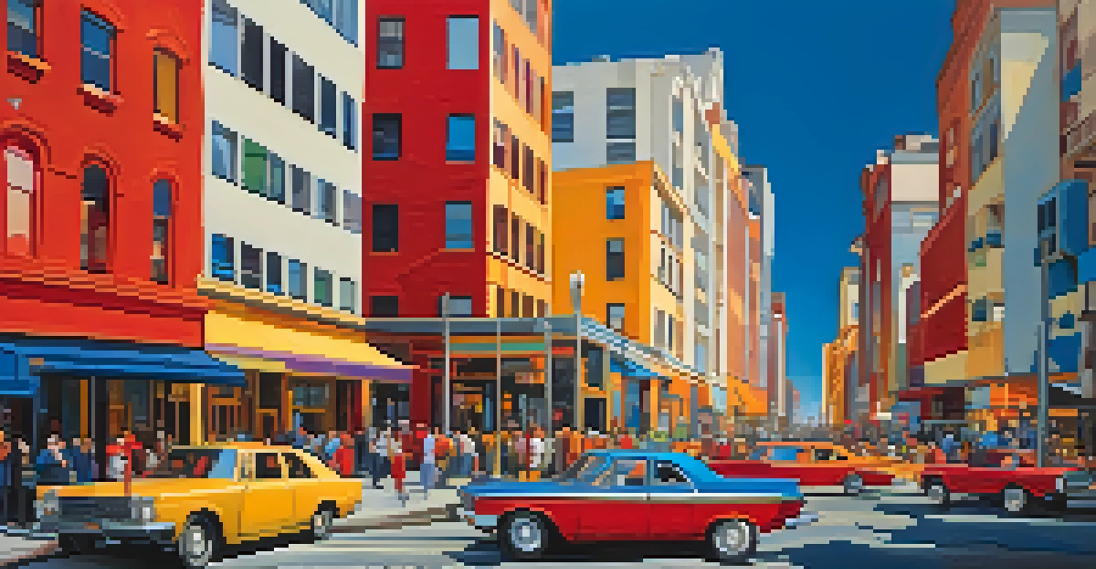 An abstract city street scene with bold colors and simplified shapes, conveying energy and vibrancy.