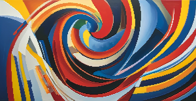 An abstract painting with swirling colors and geometric shapes, showcasing dynamic movement and texture.