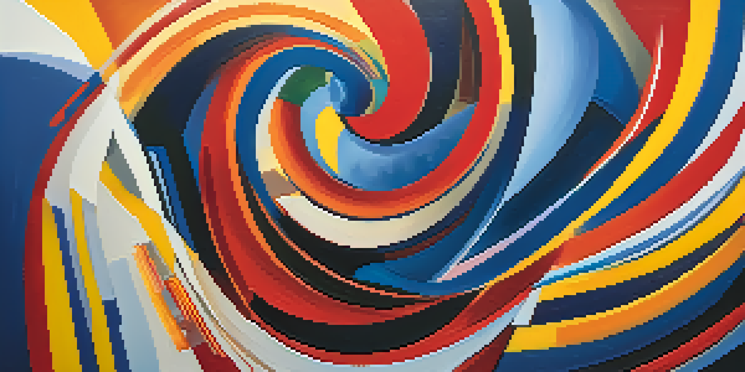 An abstract painting with swirling colors and geometric shapes, showcasing dynamic movement and texture.