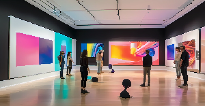 An immersive virtual reality art gallery with abstract sculptures and visitors wearing VR headsets.