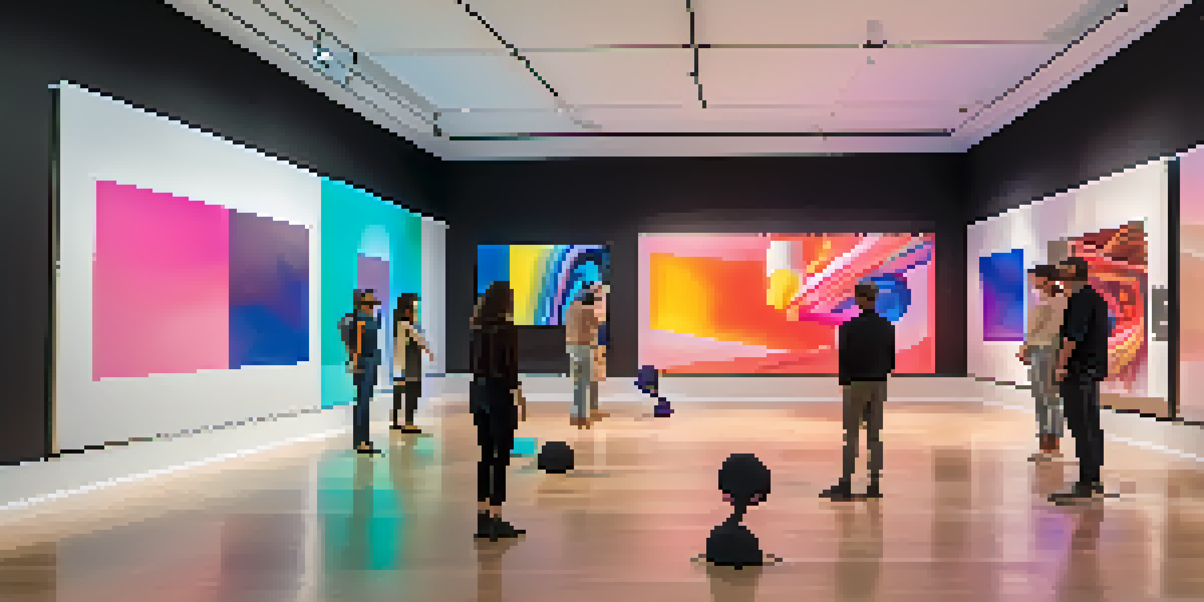 An immersive virtual reality art gallery with abstract sculptures and visitors wearing VR headsets.