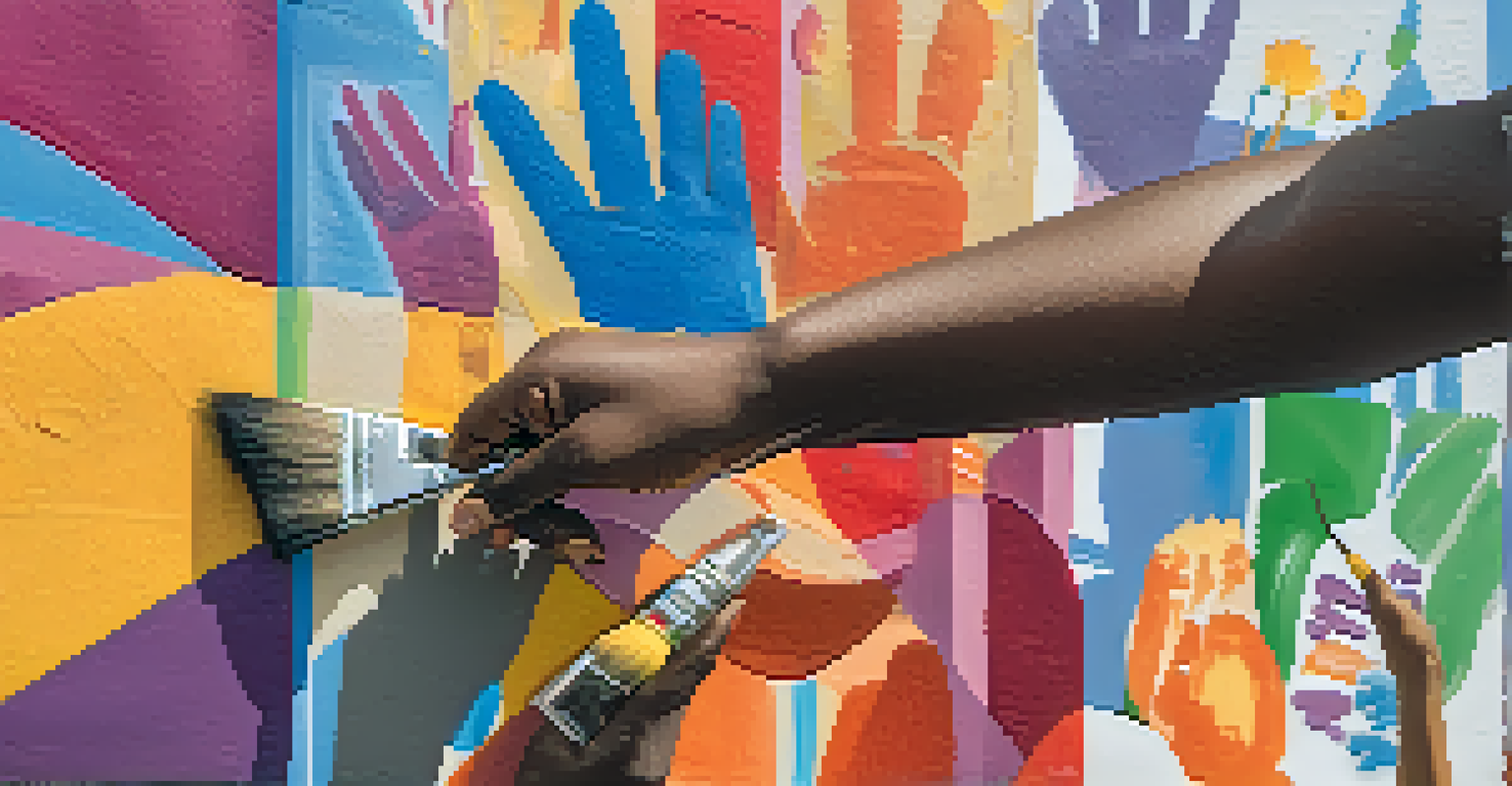 Close-up of hands using paintbrushes to create a colorful mural, showcasing local culture and community collaboration.
