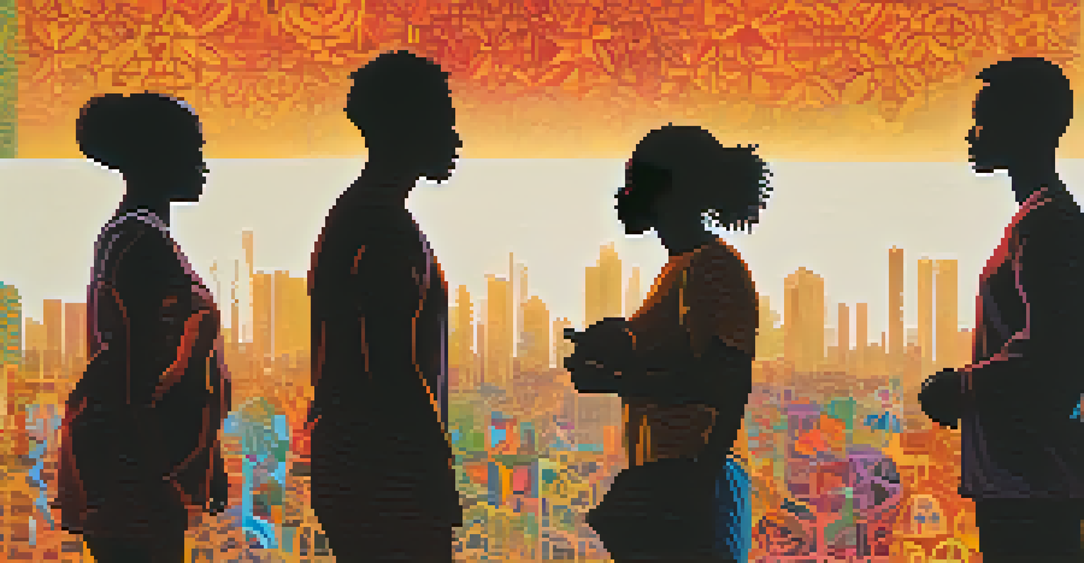 Abstract art showing overlapping silhouettes filled with patterns, representing diverse cultural memories in vibrant colors.