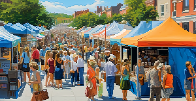 A lively local art fair featuring colorful booths with artists and visitors interacting, showcasing various artworks under a clear blue sky.