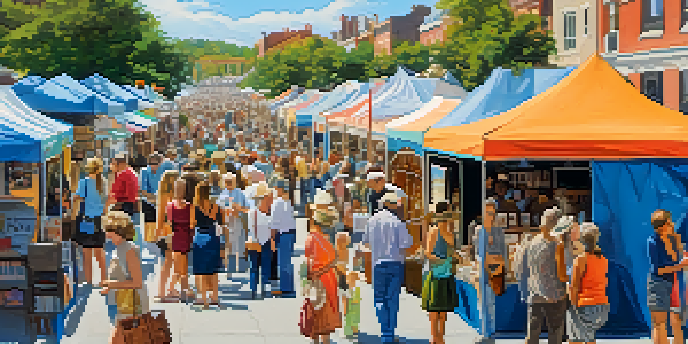 A lively local art fair featuring colorful booths with artists and visitors interacting, showcasing various artworks under a clear blue sky.