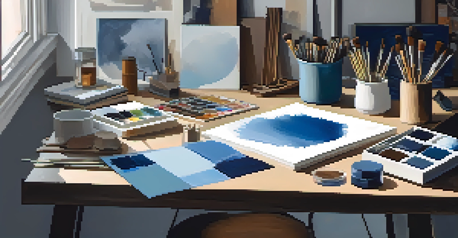 An artist's workspace with a colorful palette, brushes, and canvases, illuminated by soft light, showcasing a variety of colors.