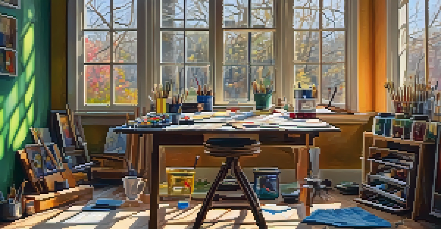 An artist's studio with a colorful palette and scattered brushes, featuring a canvas using complementary colors, illuminated by warm light.