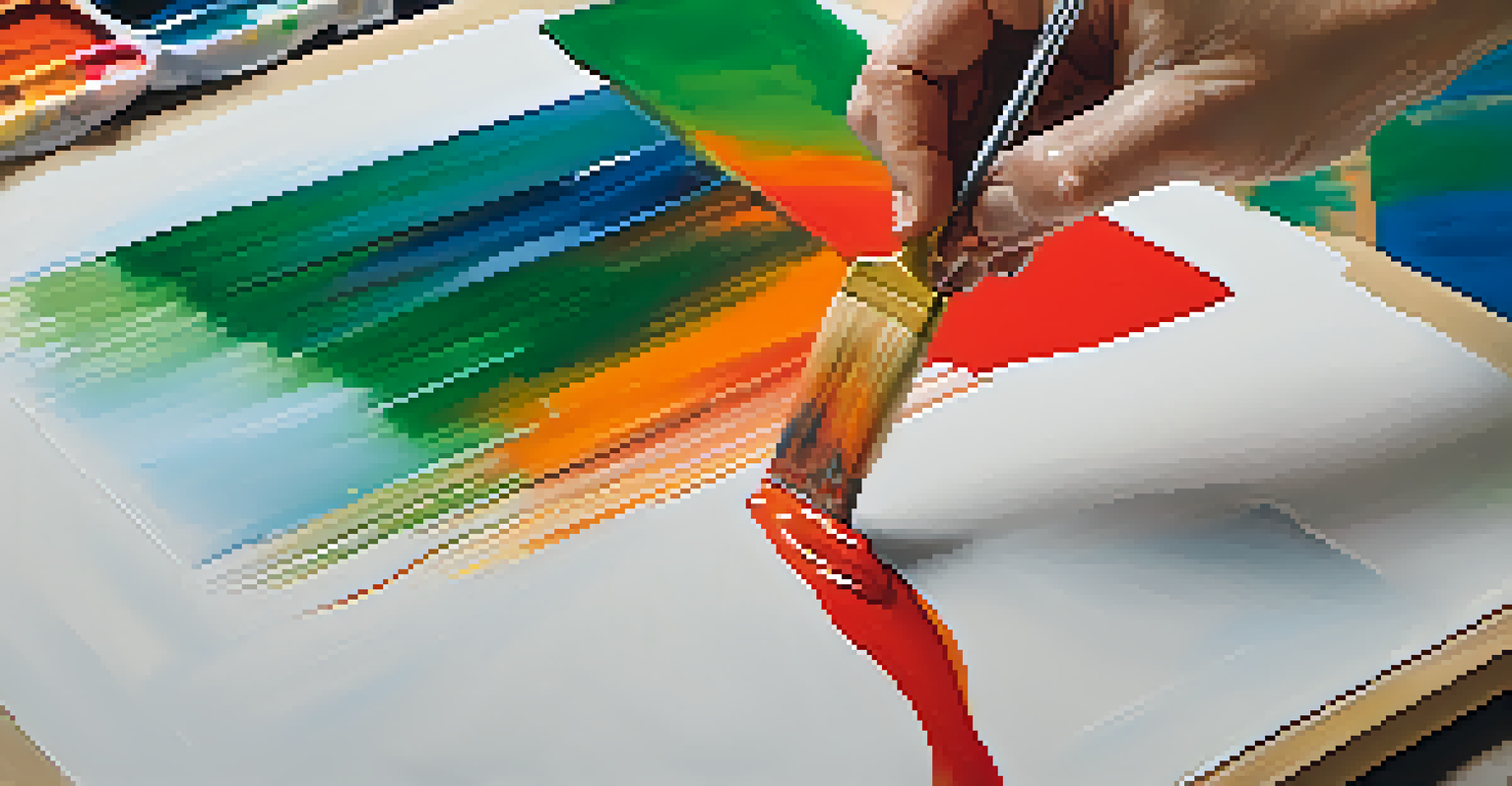An abstract painting in progress with bold strokes of red and orange contrasting against blue and green, with the artist's hands smudged with paint.