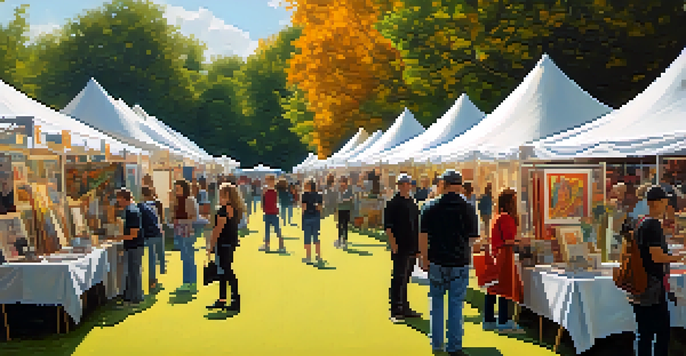 A lively art fair with people looking at colorful art displays and artists interacting with attendees under large tents.