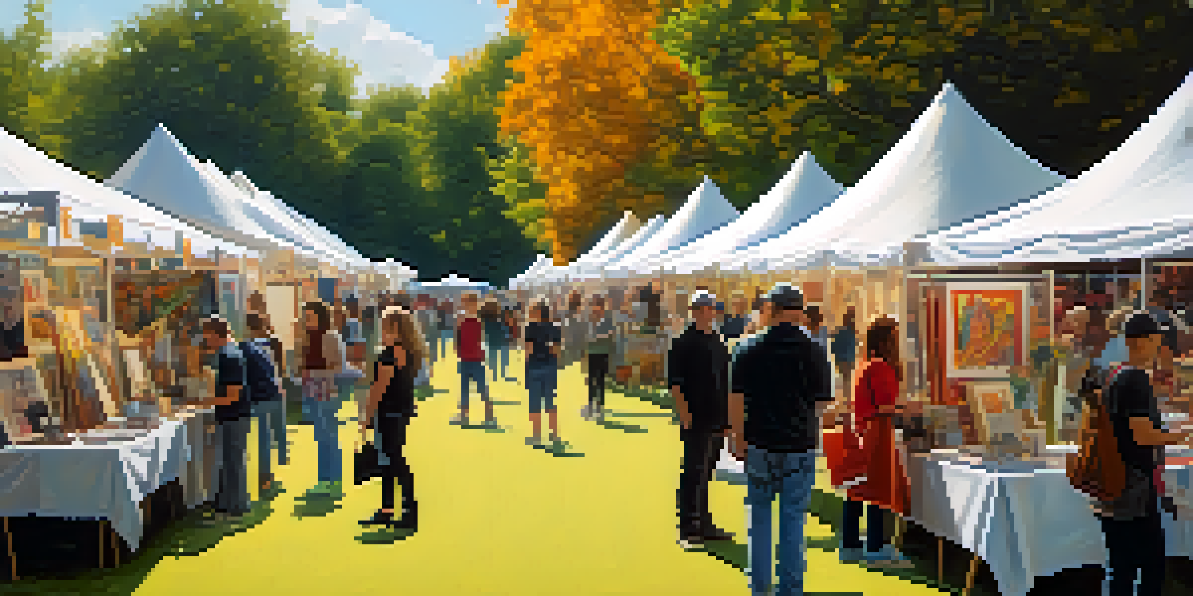 A lively art fair with people looking at colorful art displays and artists interacting with attendees under large tents.