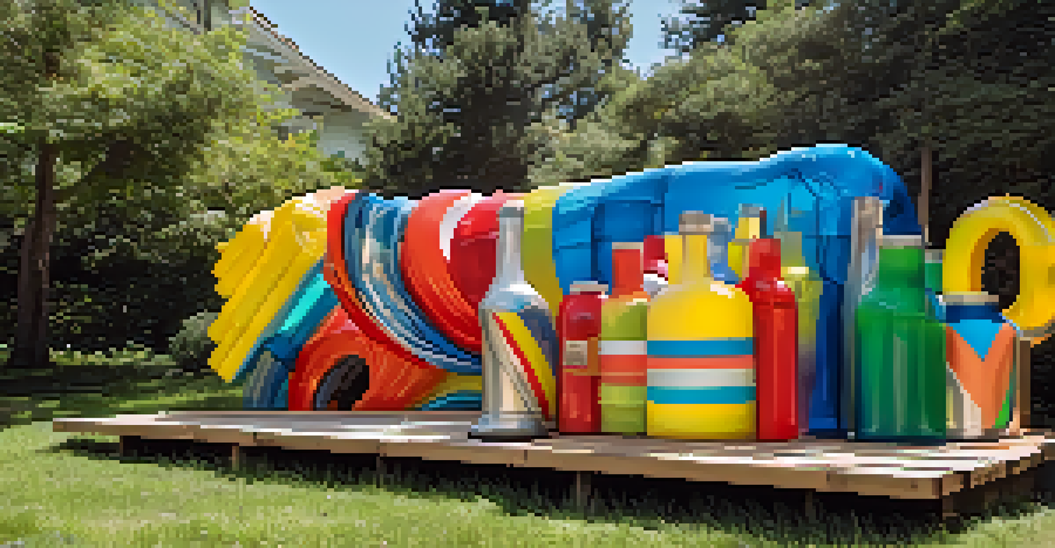 An outdoor art installation made from recycled materials, including colorful sculptures crafted from plastic bottles and reclaimed wood, surrounded by greenery.