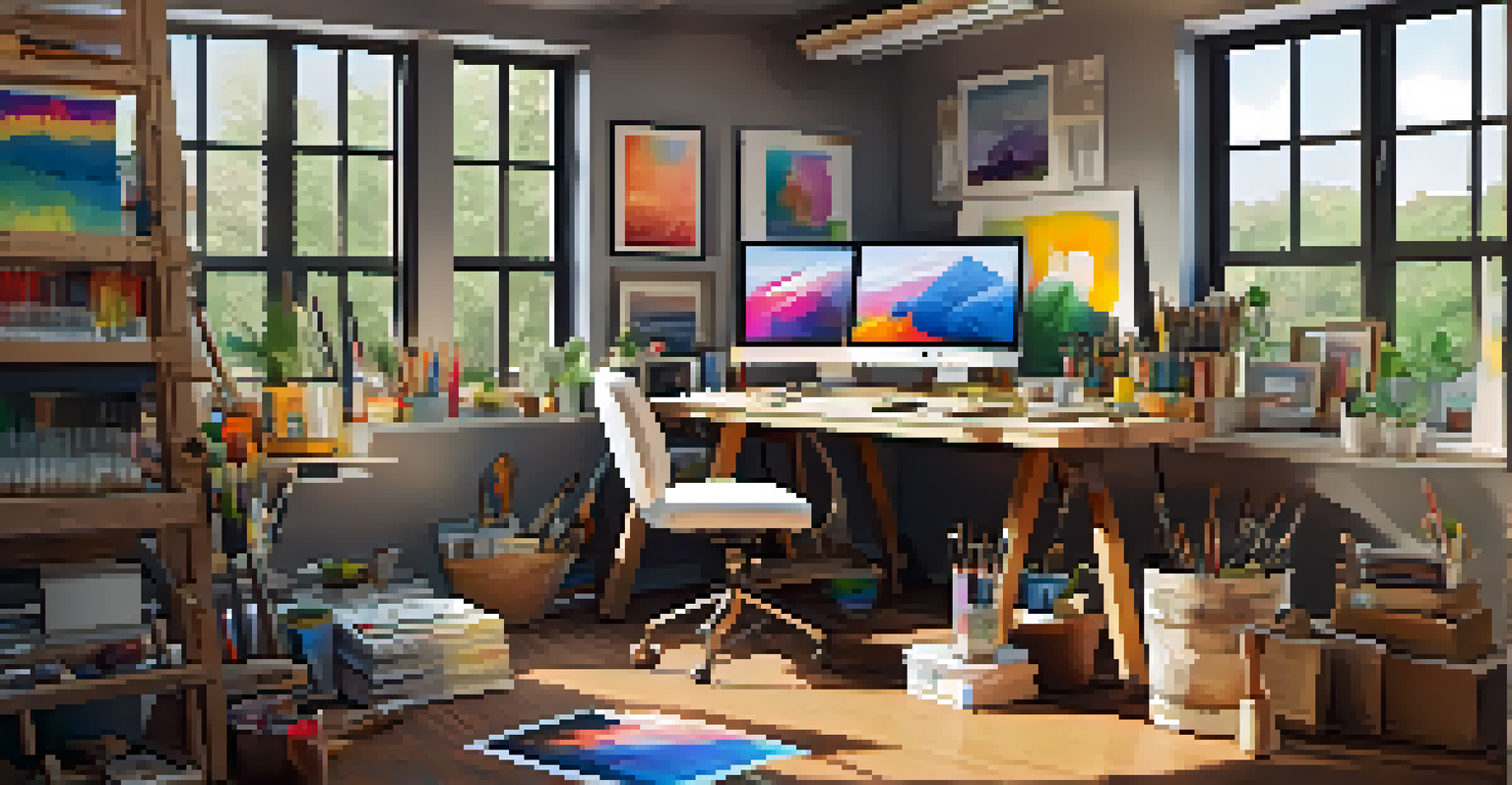 An artist's cozy workspace with digital tools, colorful artwork, and natural light.
