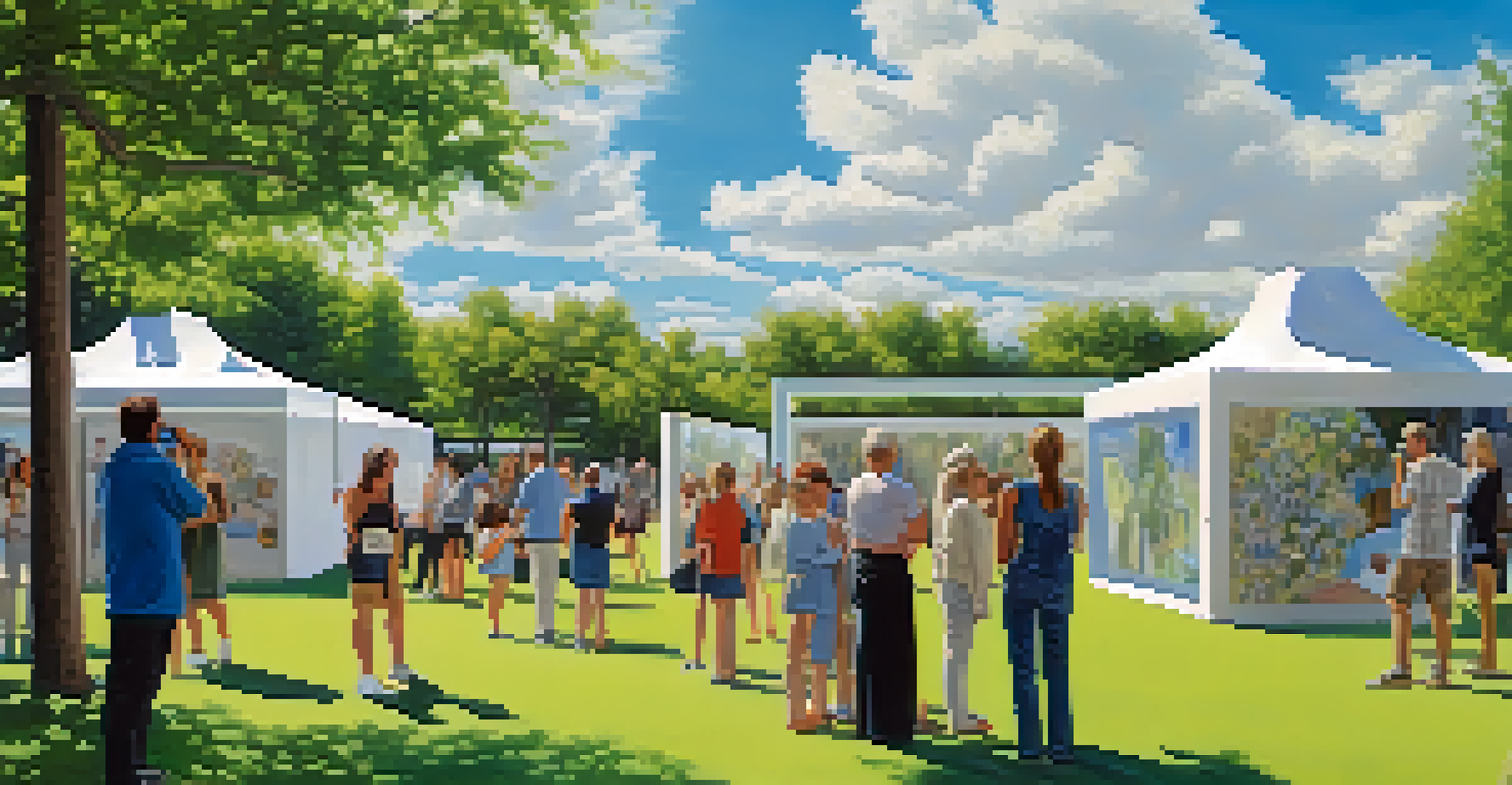 An outdoor art exhibition in a park, with large sculptures and installations, and visitors interacting with the artwork in a lively, green setting.