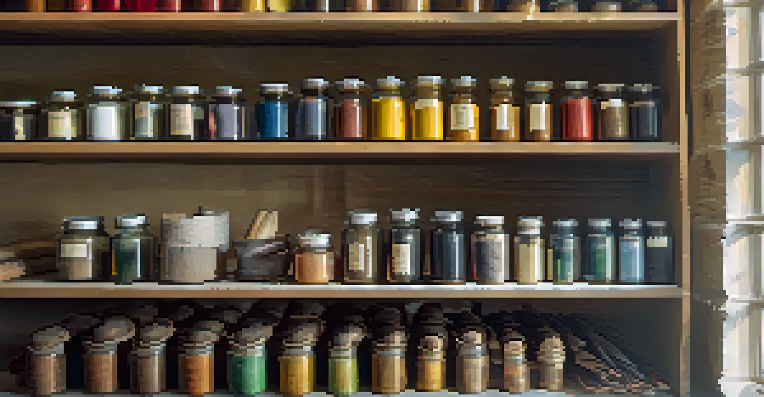 An organized shelf displaying restoration tools and materials, arranged neatly in a bright workshop.