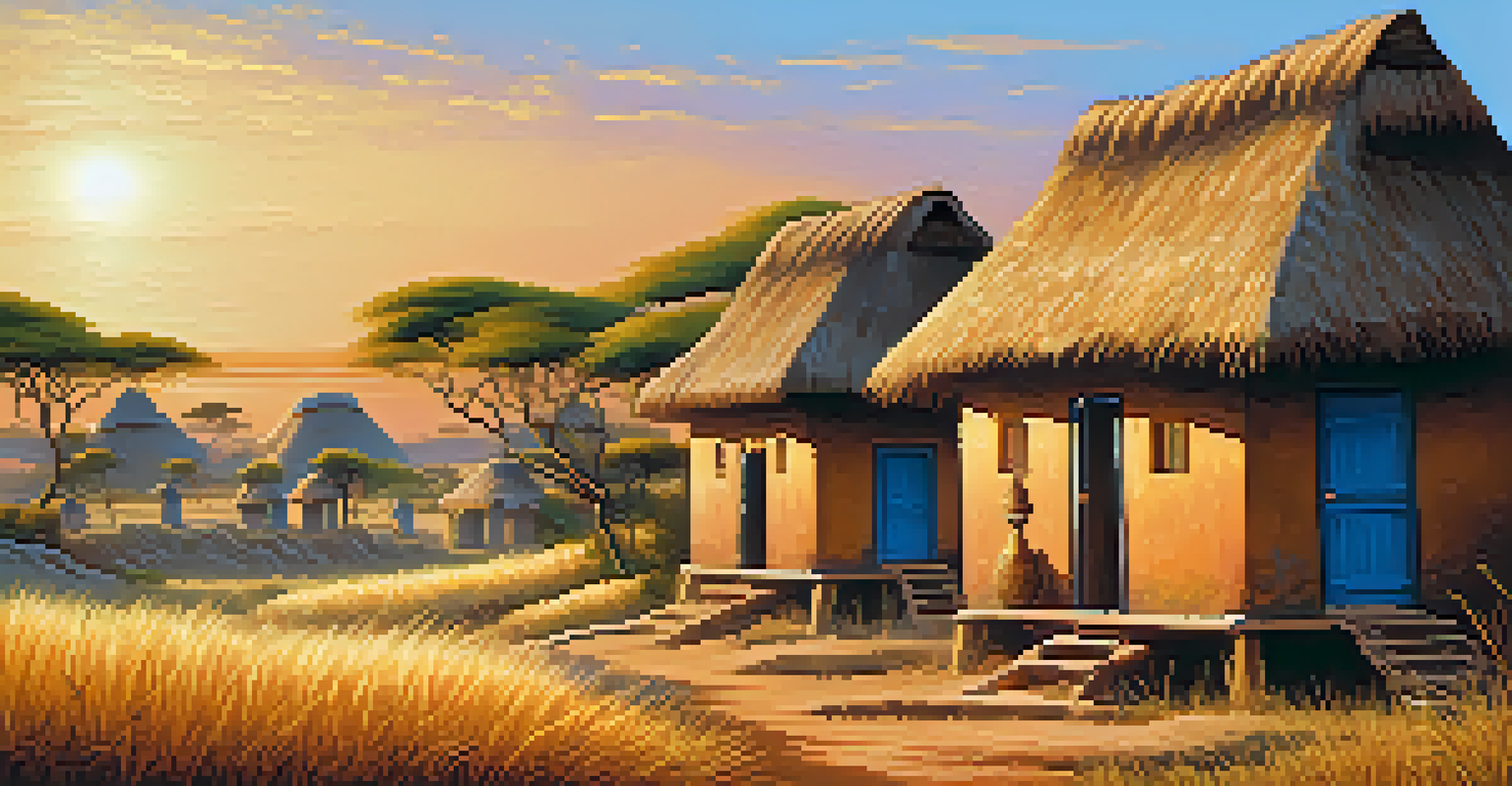 A traditional African village with mud huts and golden grass under a blue sky, depicted in an Impressionist style with warm, soft lighting.