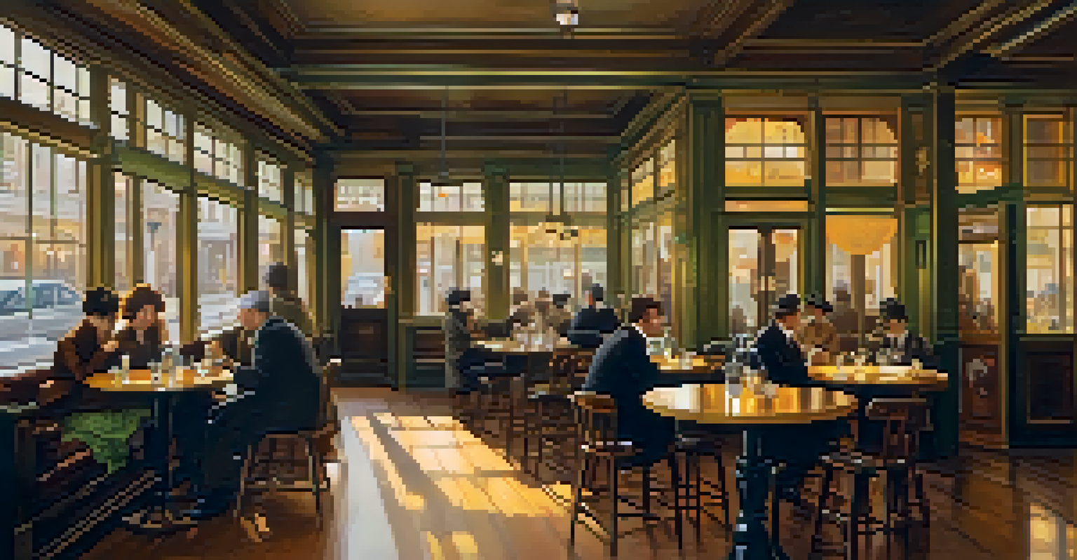 A cozy café scene with patrons at small tables, warm lighting, and a vintage urban setting, reflecting daily life in the late 19th century.