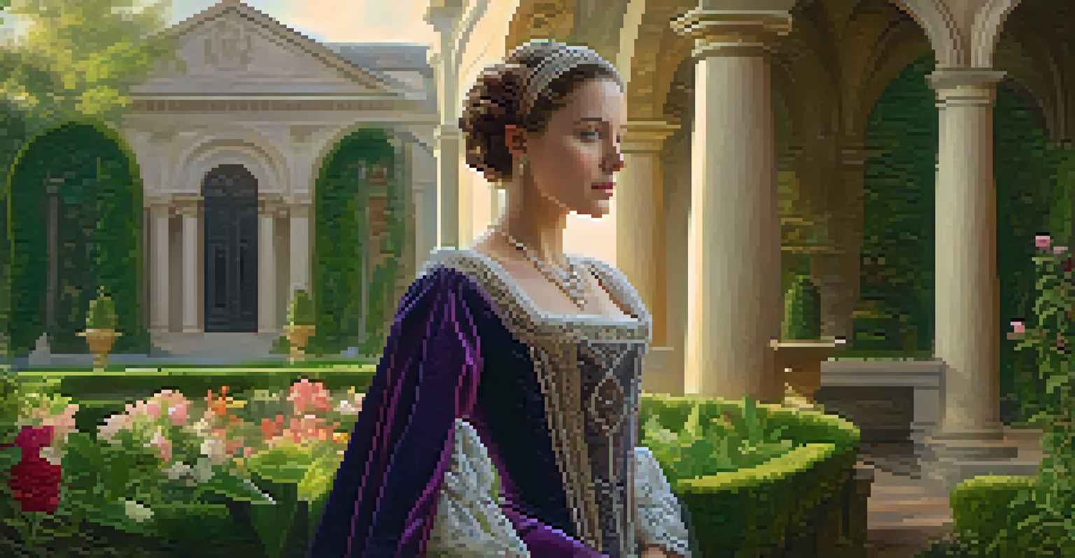 A Renaissance portrait of a noblewoman in a garden, wearing a luxurious gown.