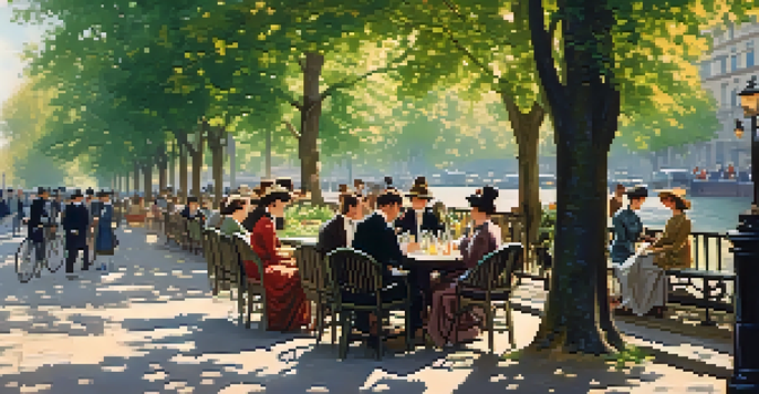 A lively park in Paris with people socializing and enjoying the outdoors, surrounded by greenery and historic buildings.