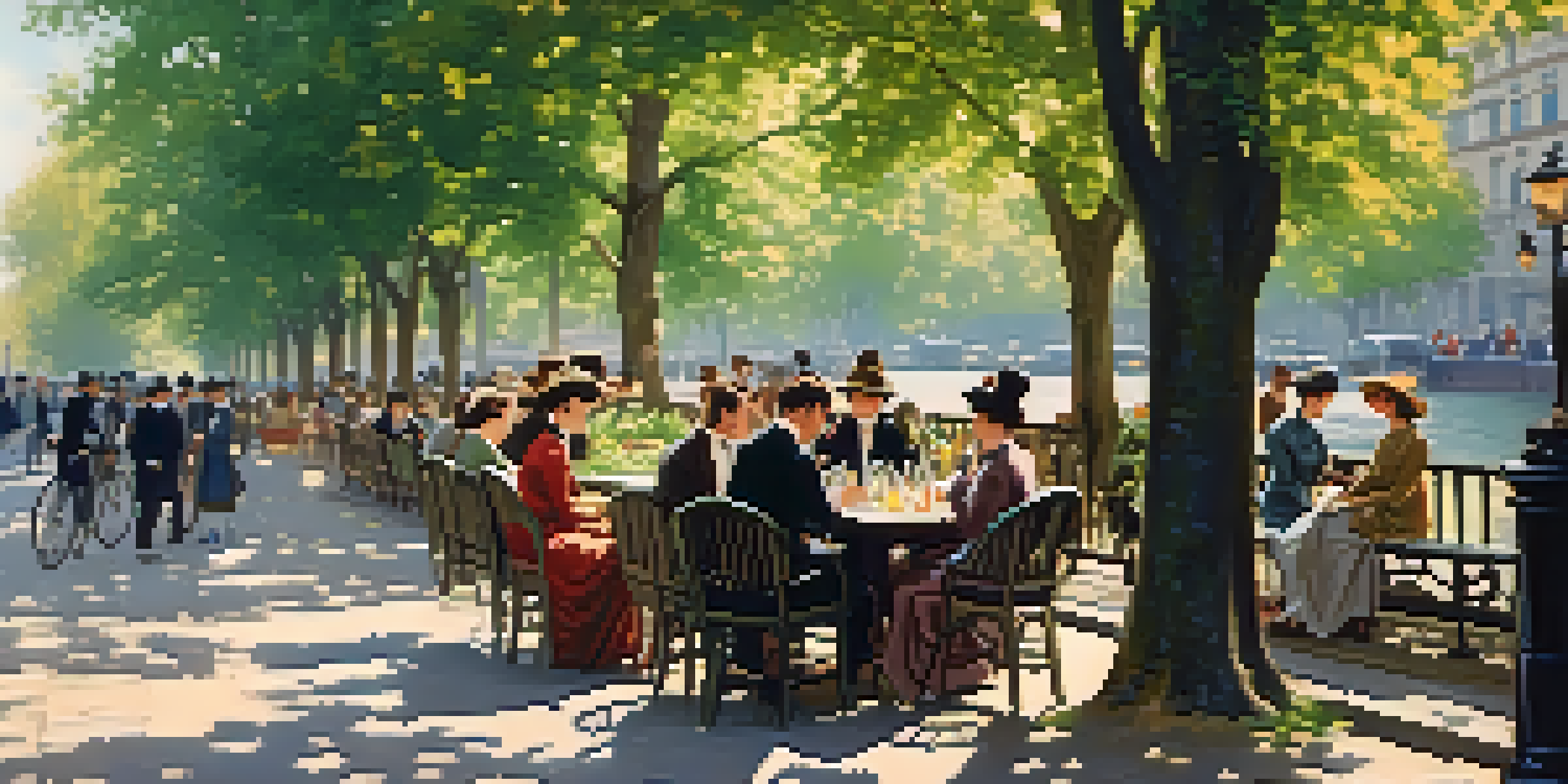 A lively park in Paris with people socializing and enjoying the outdoors, surrounded by greenery and historic buildings.
