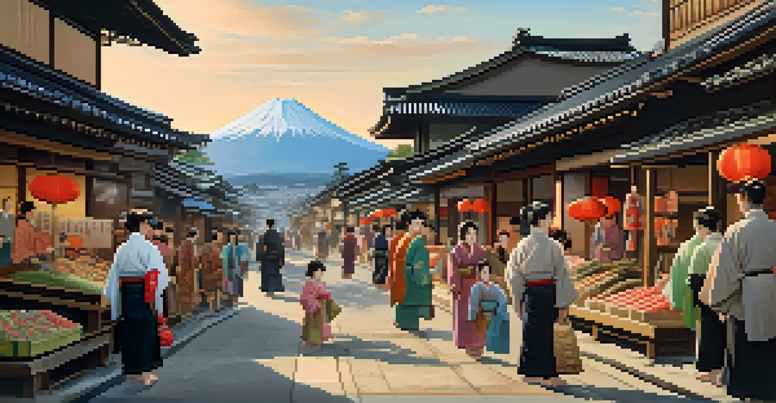 An Edo period street scene with people in kimonos, market stalls, and Mount Fuji in the background, illuminated by warm sunlight.