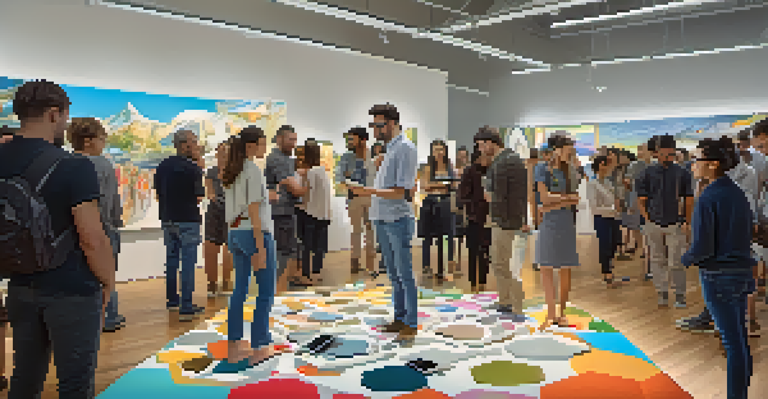 Artists collaborating on a digital art installation, blending traditional painting with augmented reality, attracting an engaged audience.