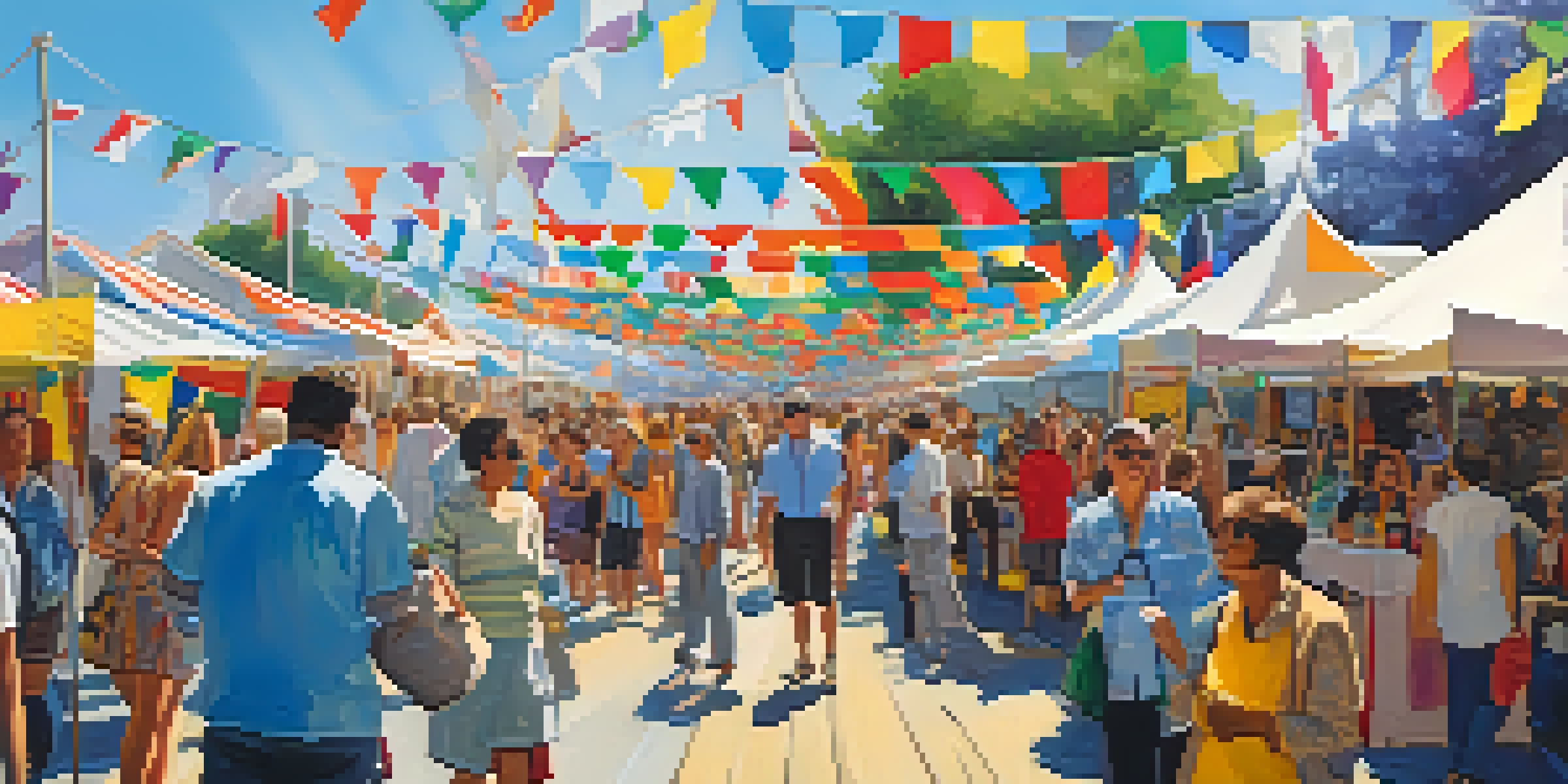 A lively art fair with diverse artists displaying their unique paintings, an artist painting live, and engaged audience, under a sunny blue sky.